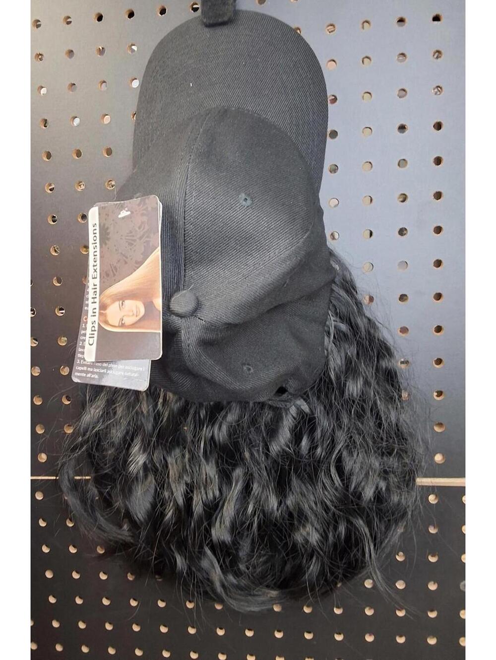 Stylish Black Baseball Cap with Natural Wavy Hair Attachment